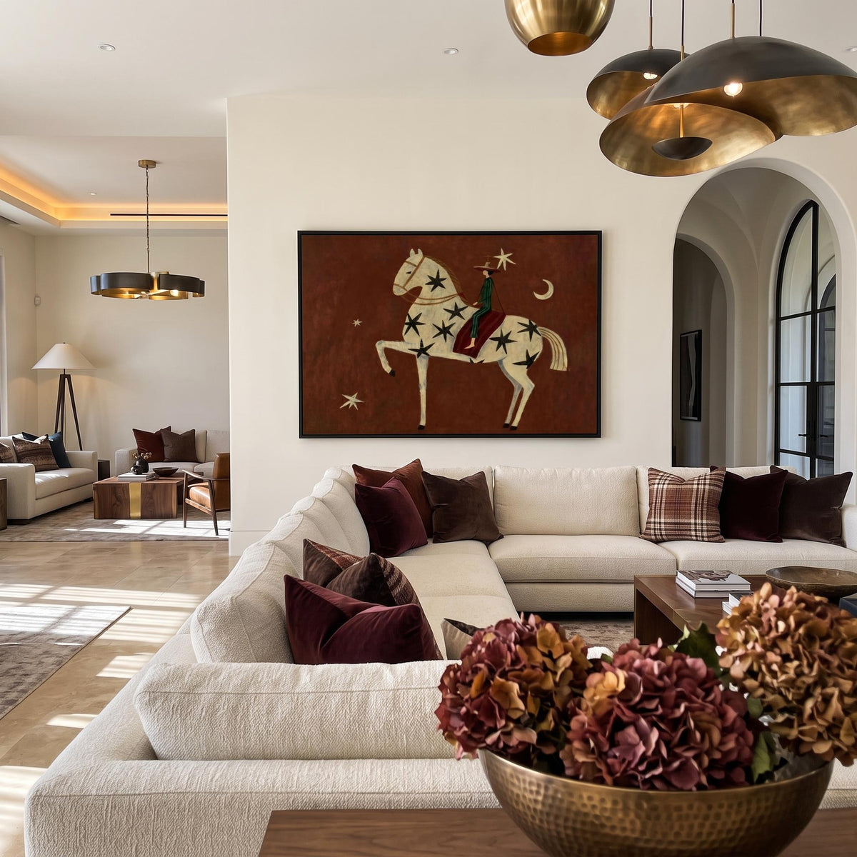 "Rust Red Stylized Horse With Moon & Stars" - Modern Heavy Impasto Western Animal Artwork | Orange Palette Knife Painting | Luxury Horizontal Wall Art #PT 2588