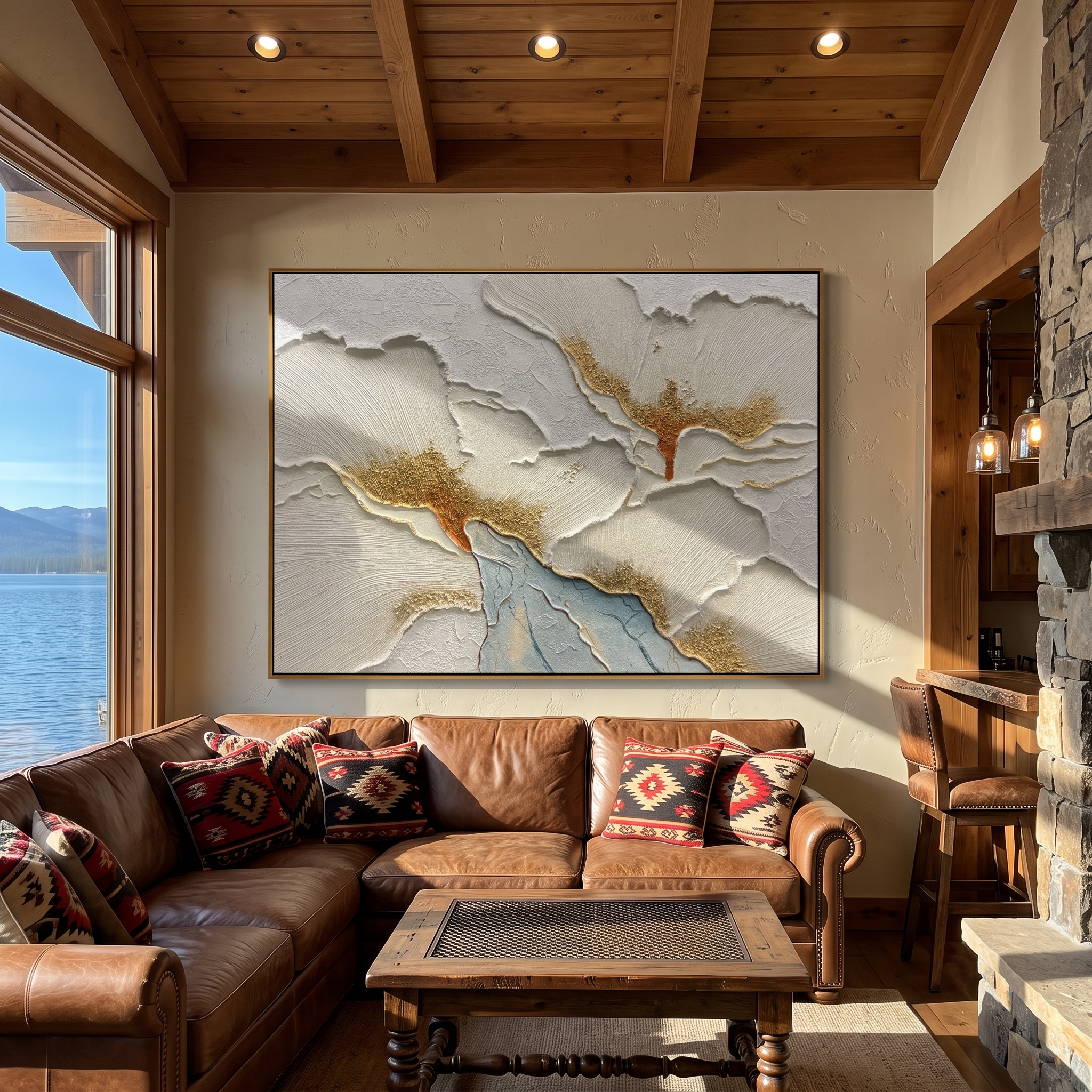 "White Blossom Relief" - Modern Textured Floral Art | 3D Ivory & Gold Impasto Canvas Painting | Luxury Horizontal Wall Art #PT 595