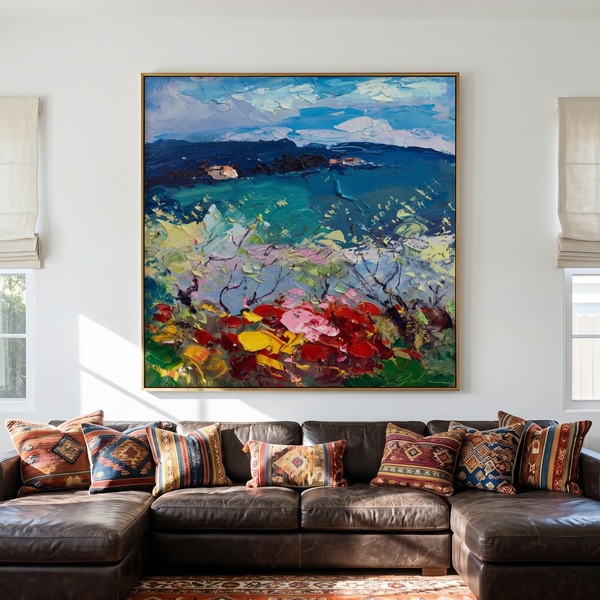 "Mediterranean Floral Vista" – Modern Heavy Impasto Impressionist Landscape | 3D Vivid Azure & Crimson Palette Knife Painting | Luxury Square Wall Art #PT 567