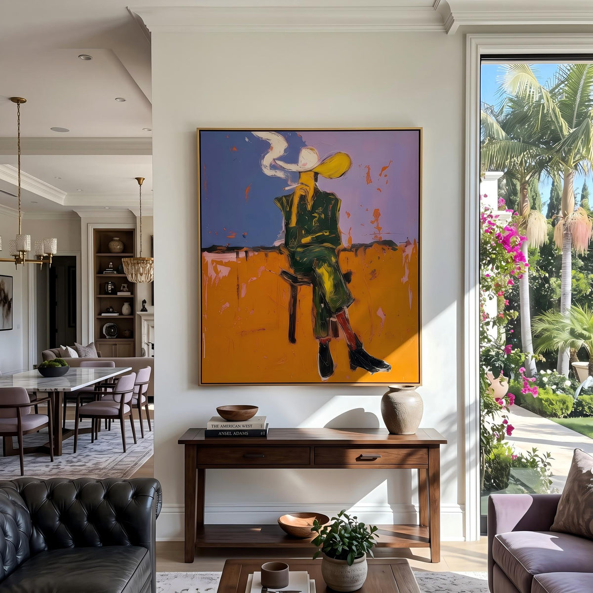 "Cigarettes Western Cowboy" - Modern Heavy Impasto Western Animal Artwork | Orange Palette Knife Painting | Luxury Vertical Wall Art #PT 2646