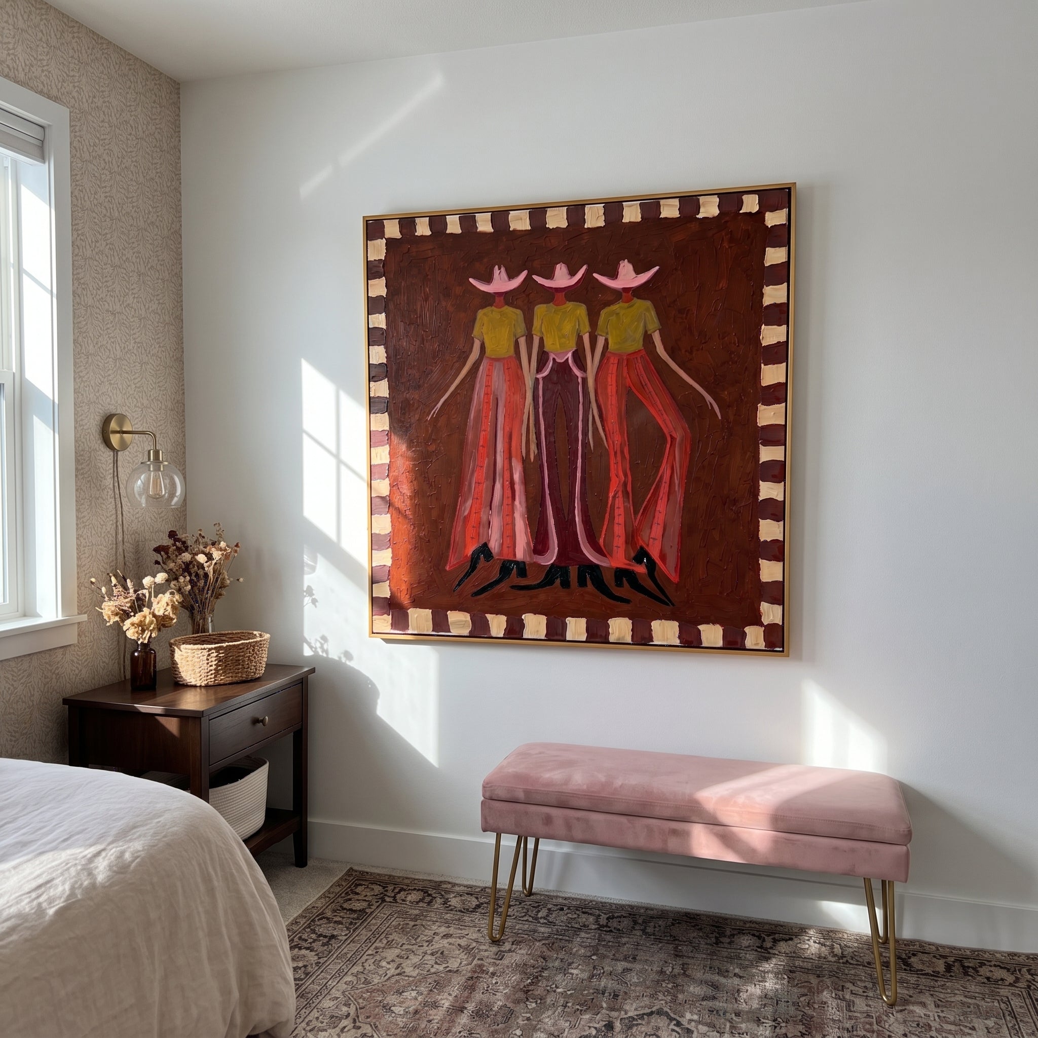 "Trio Retro Cowgirl Figures" – Modern Heavy Impasto Folk Western Figurative | 3D Cocoa Umber & Blush Terracotta Palette Knife Painting | Luxury Square Wall Art #AB 524