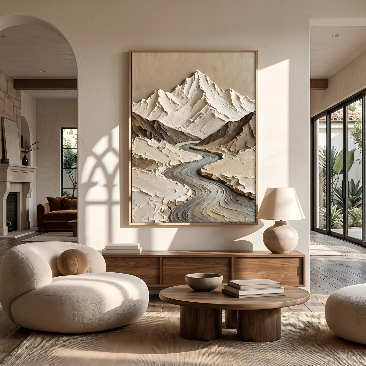 "Thick Impasto Mountain Valley" - Modern Heavy Impasto Landscape Artwork | Beige Palette Knife Painting | Luxury Vertical Wall Art #PT 2602