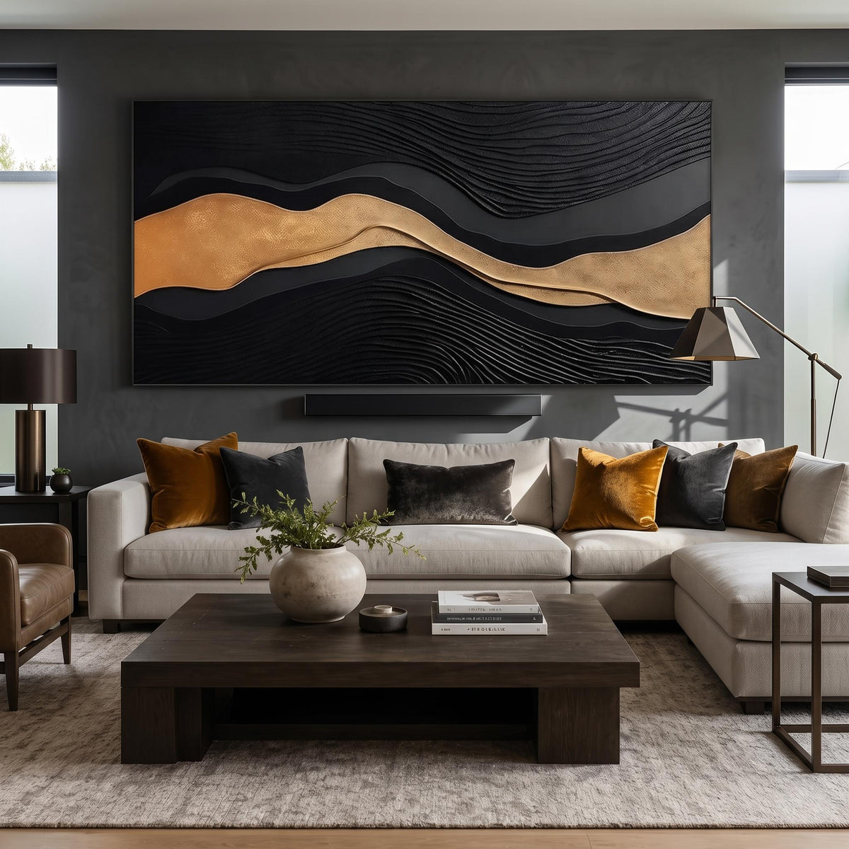 "Luxury Black‑Gold Layered Mountain" - Modern Heavy Impasto Landscape Artwork | Beige Palette Knife Painting | Luxury Horizontal Wall Art #PT 2612