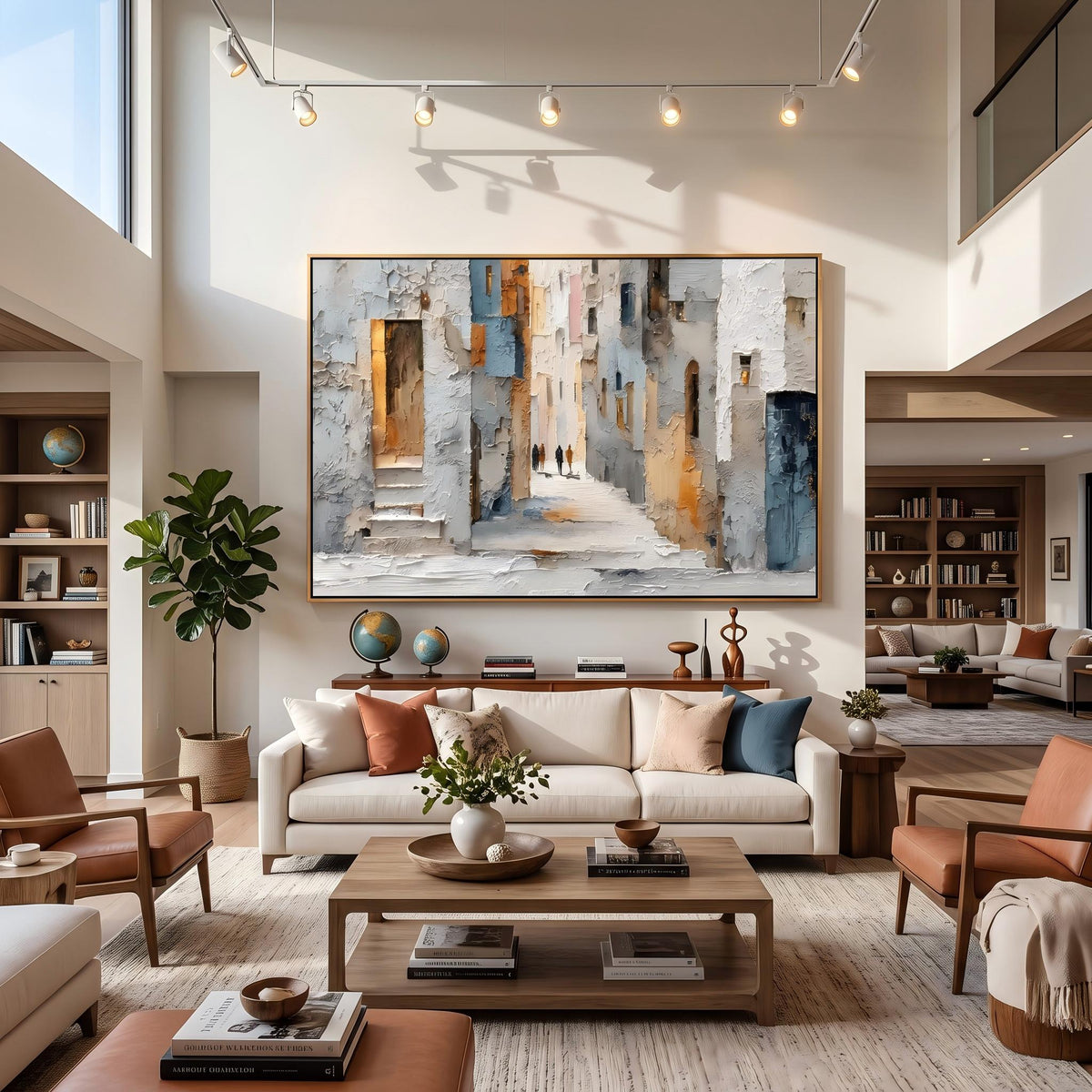 "European Old Town Street" - Modern Heavy Impasto Abstract Artwork | Beige & Grey Palette Knife Painting | Luxury Horizontal Wall Art #PT 2628