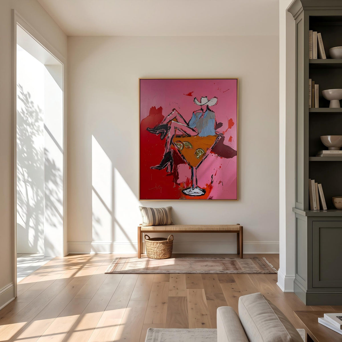 "Pink Cowgirl Cocktail" - Modern Heavy Impasto Western Animal Artwork | Pink Palette Knife Painting | Luxury Vertical Wall Art #PT 2651
