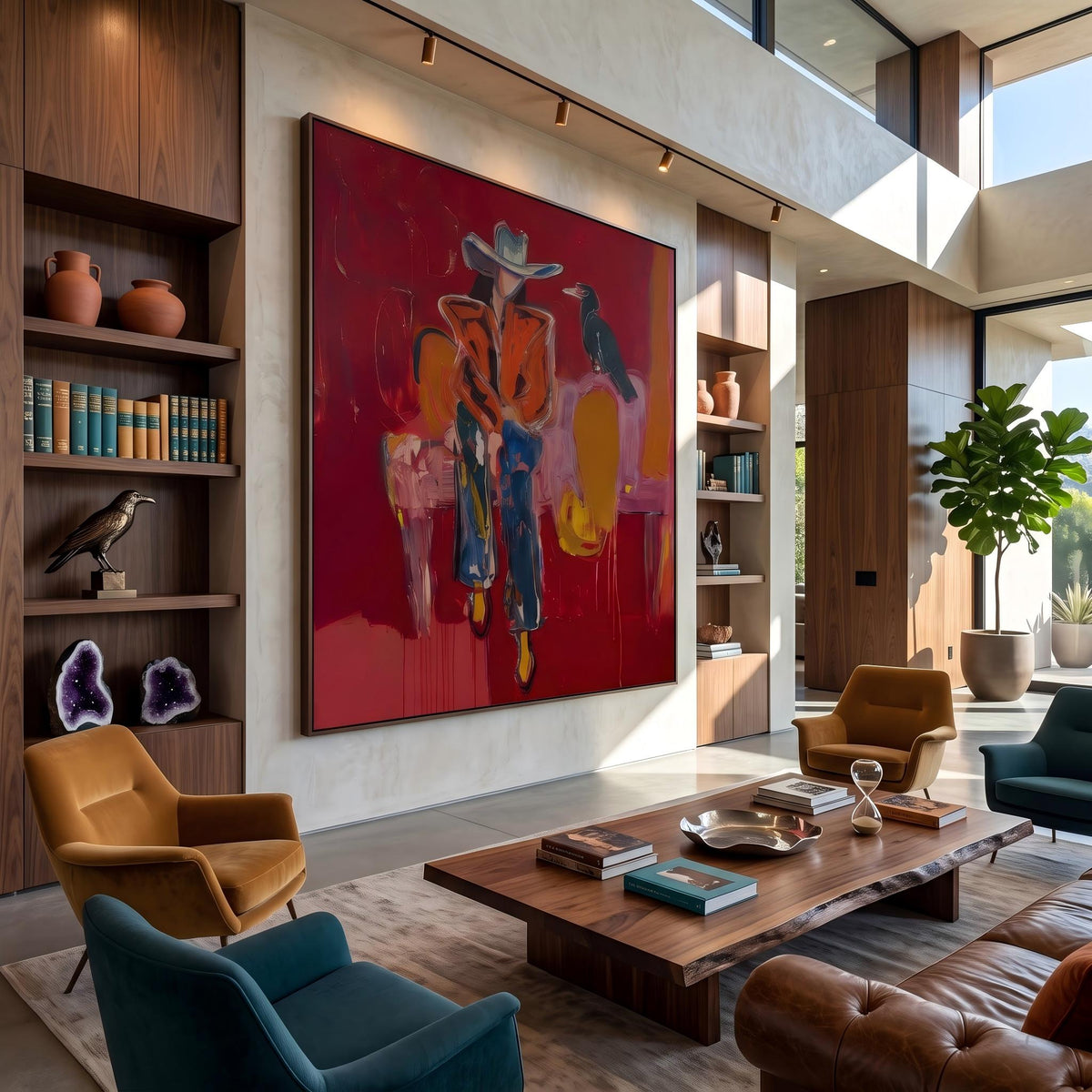 "Crow Cowgirl" - Modern Heavy Impasto Western Animal Artwork | Golden & Pink Palette Knife Painting | Luxury Vertical Wall Art #PT 2642