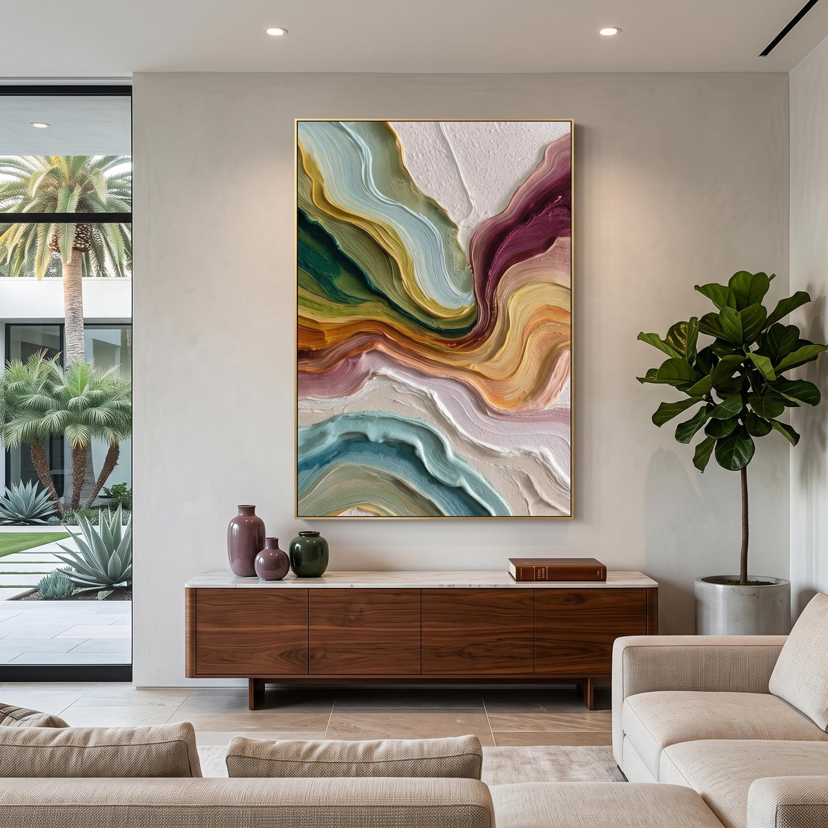 "Multicolor Layer Flow Abstract Wall" - Modern Heavy Impasto Abstract Artwork | Beige Palette Knife Painting | Luxury Vertical Wall Art #PT 2621
