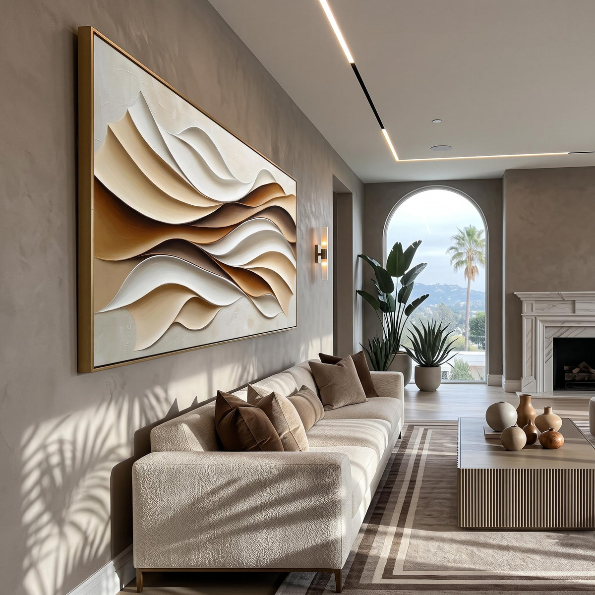 "Layered Wave" - Modern Heavy Impasto Ocean Wave Seascape | Beige Palette Knife Painting | Luxury Horizontal Wall Art #PT 2622
