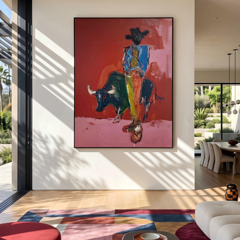 "Bullfighting Western Cowboy" - Modern Heavy Impasto Western Animal Artwork | Pink Palette Knife Painting | Luxury Vertical Wall Art #PT 2648