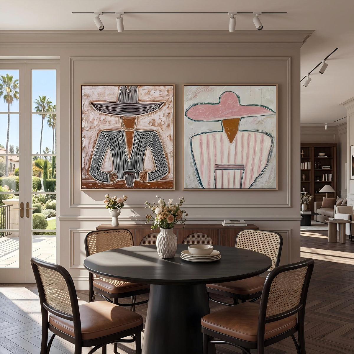 "Double Wide Striped Hat Western Cowboy and Girl" - Modern Heavy Impasto Western Animal Artwork | Golden Palette Knife Painting | Luxury Two-Panel Square Wall Art #PT 2635
