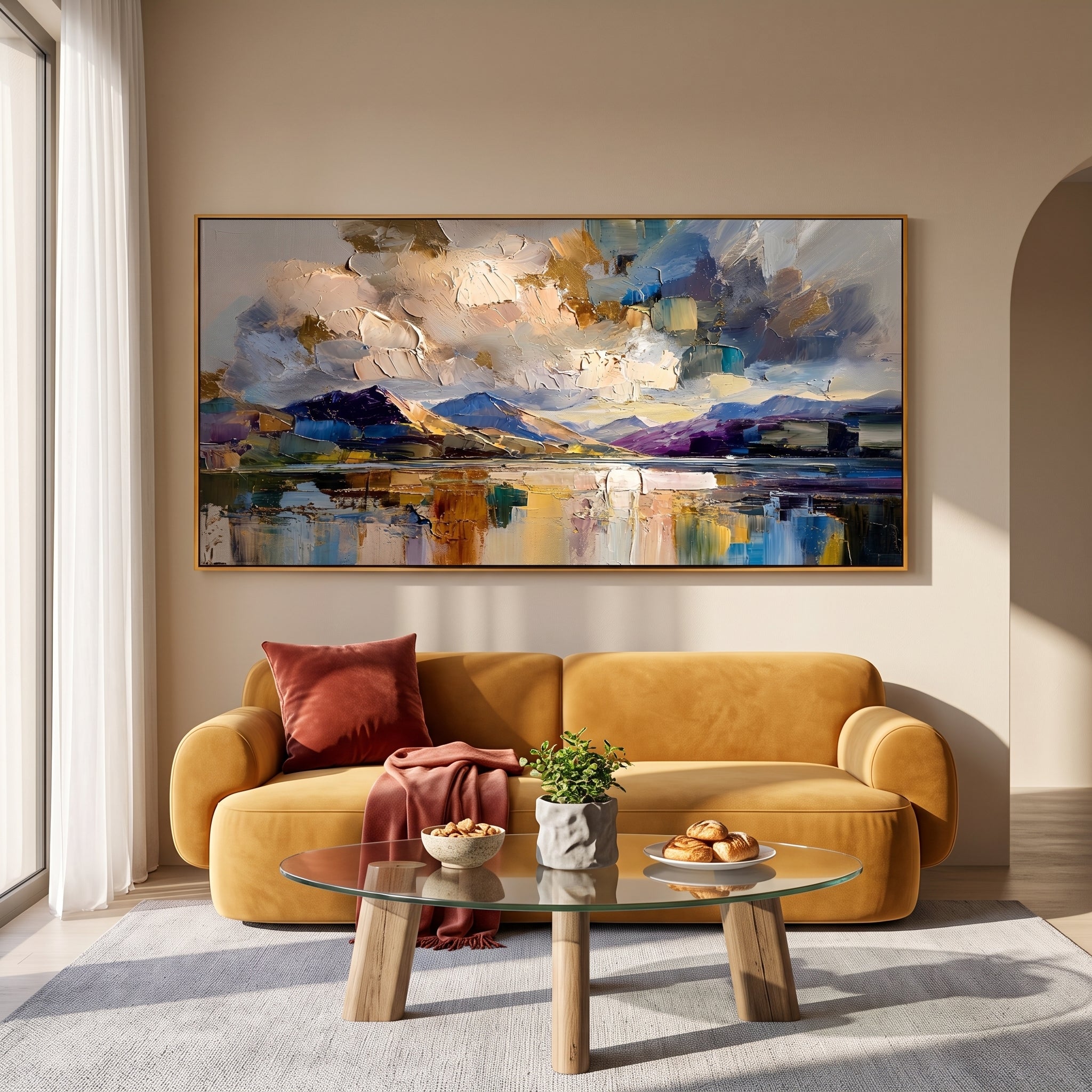 "Gilded Mountain Lake Reflection Vista" - Modern Heavy Impasto Abstract Landscape | 3D Lavender Violet & Gilded Gold Palette Knife Painting | Luxury Wide Horizontal Wall Art #PT 580