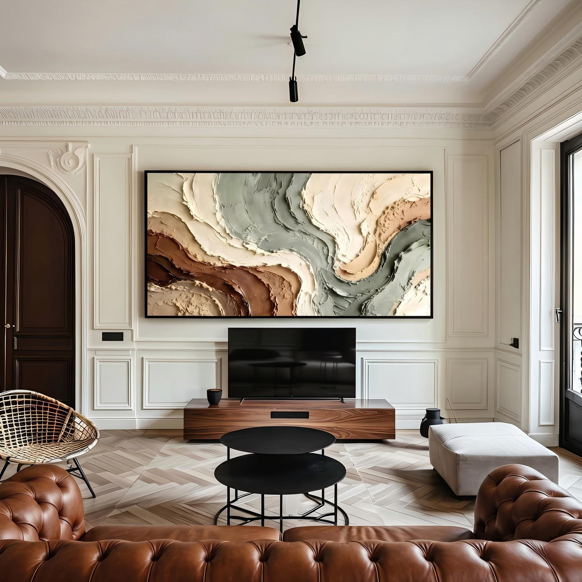 "Muted Green Brown Flow Textured Art" - Modern Heavy Impasto Abstract Artwork | Beige Palette Knife Painting | Luxury Horizontal Wall Art #PT 2603