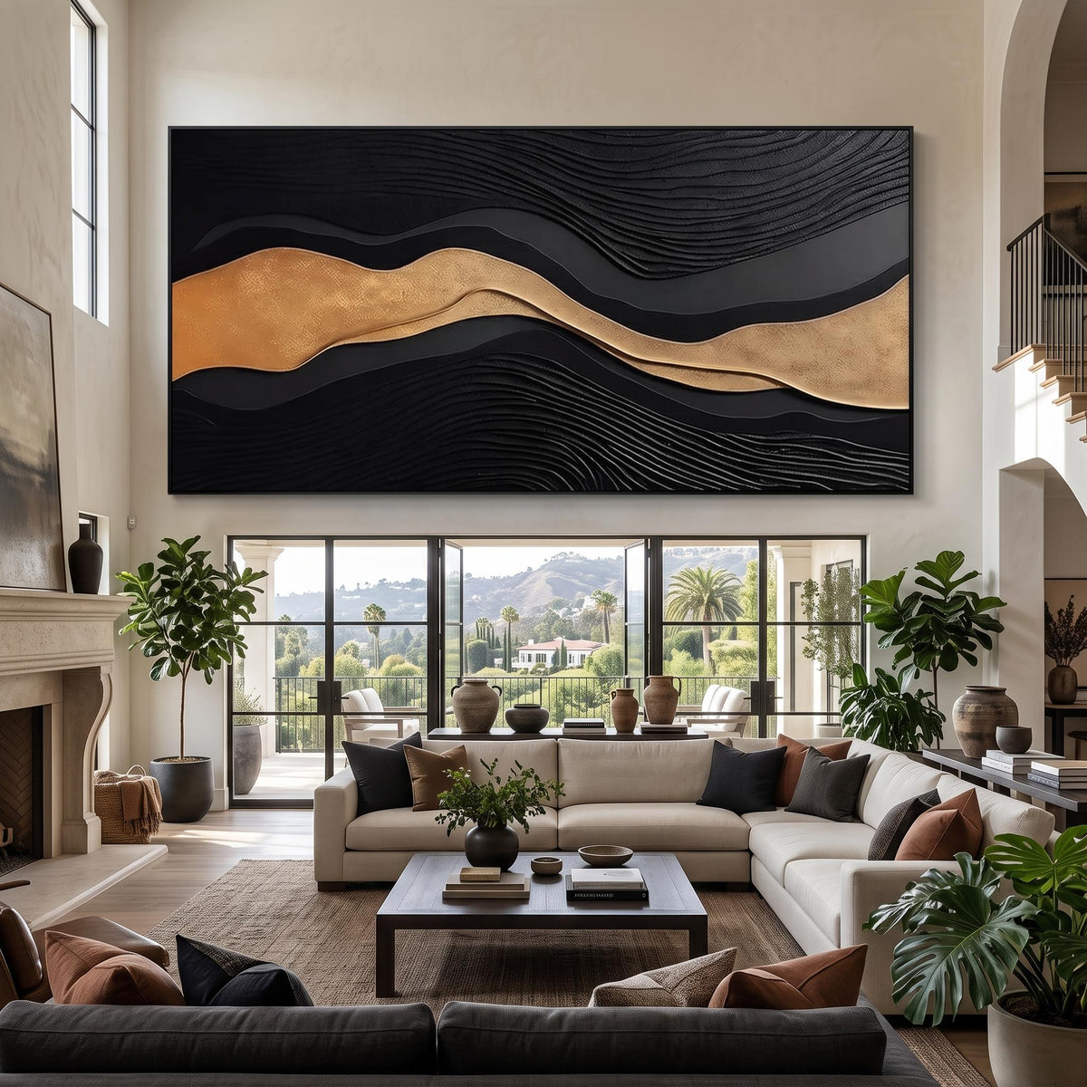 "Luxury Black‑Gold Layered Mountain" - Modern Heavy Impasto Landscape Artwork | Beige Palette Knife Painting | Luxury Horizontal Wall Art #PT 2612