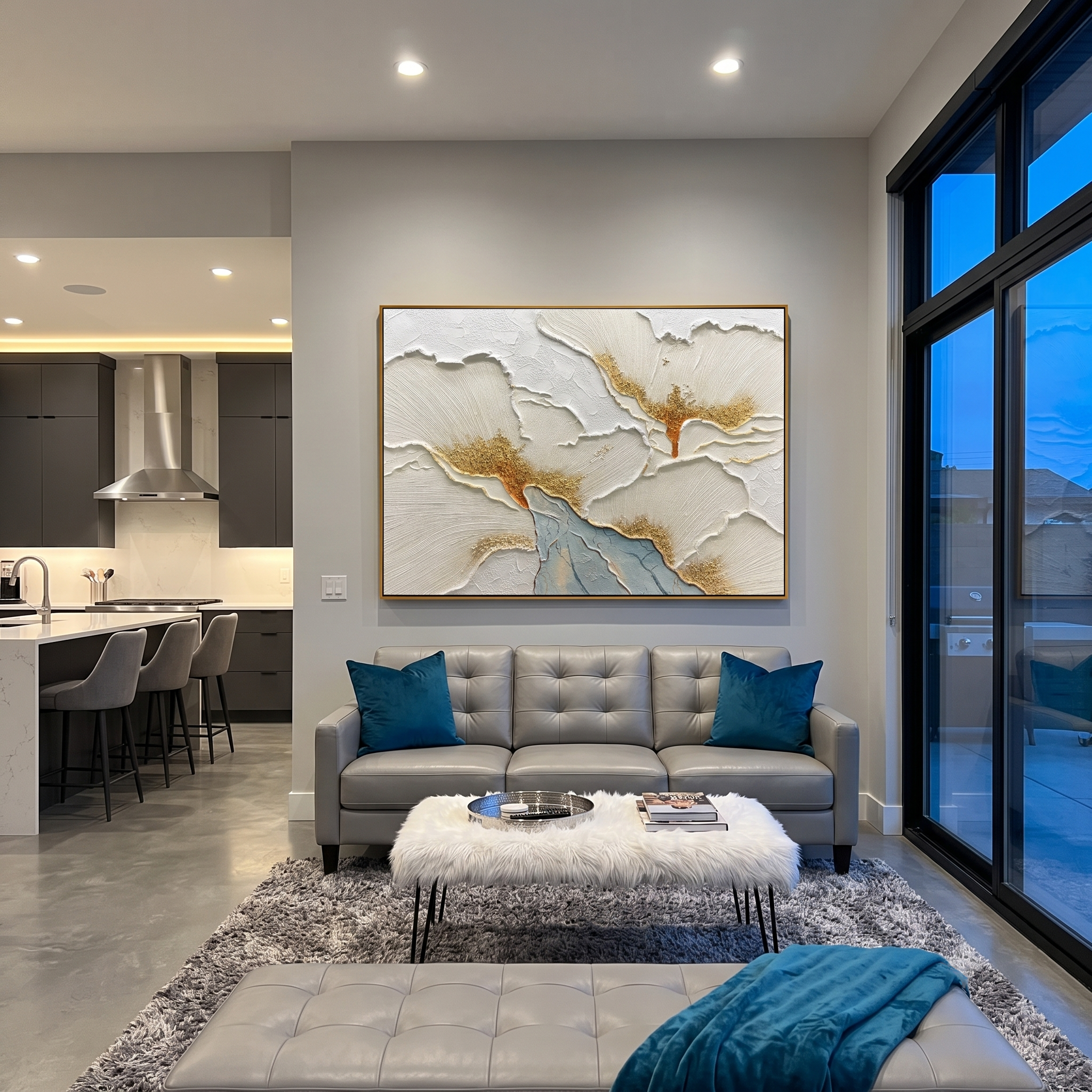 "White Blossom Relief" - Modern Textured Floral Art | 3D Ivory & Gold Impasto Canvas Painting | Luxury Horizontal Wall Art #PT 595