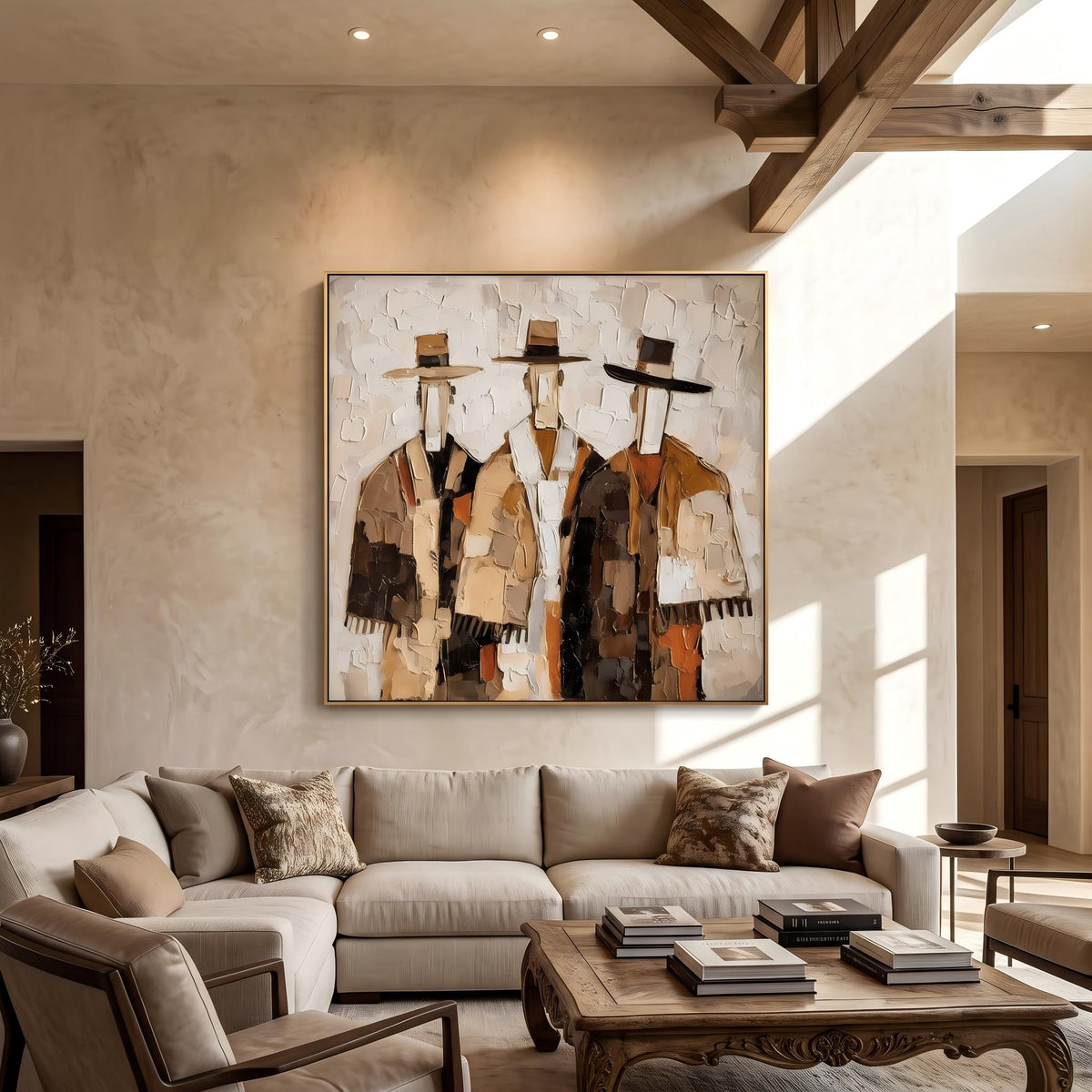 "Three Cowboys Impasto Wall" - Modern Heavy Impasto Abstract Artwork | Orange Palette Knife Painting | Luxury Square Wall Art #PT 2627