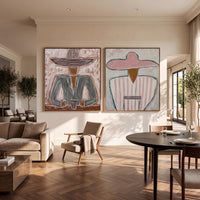 "Double Wide Striped Hat Western Cowboy and Girl" - Modern Heavy Impasto Western Animal Artwork | Golden Palette Knife Painting | Luxury Two-Panel Square Wall Art #PT 2635