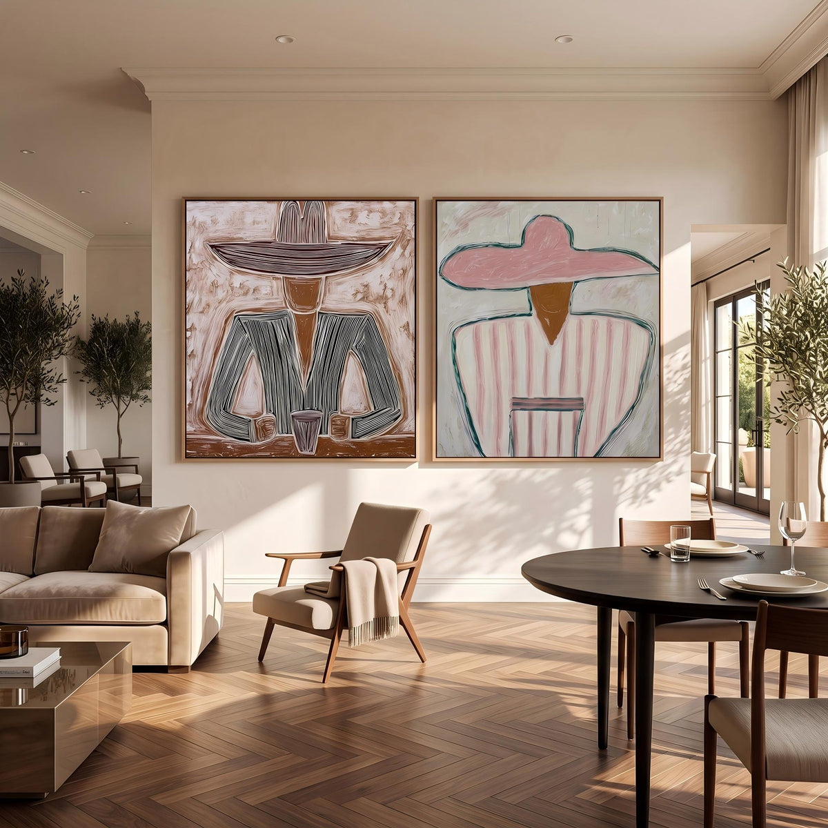 "Double Wide Striped Hat Western Cowboy and Girl" - Modern Heavy Impasto Western Animal Artwork | Golden Palette Knife Painting | Luxury Two-Panel Square Wall Art #PT 2635