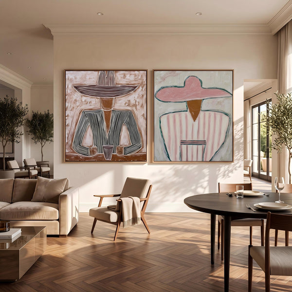 "Double Wide Striped Hat Western Cowboy and Girl" - Modern Heavy Impasto Western Animal Artwork | Golden Palette Knife Painting | Luxury Two-Panel Square Wall Art #PT 2635