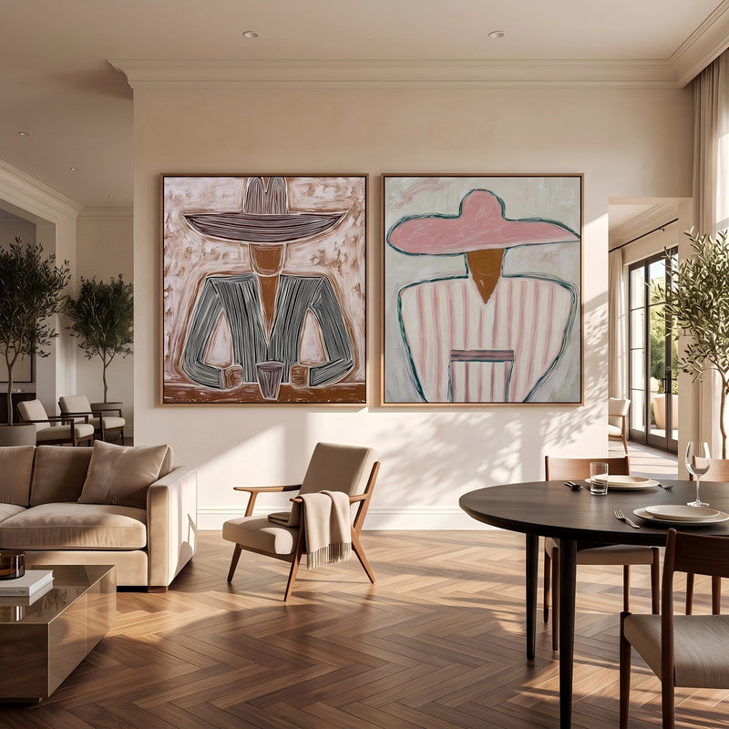 "Double Wide Striped Hat Western Cowboy and Girl" - Modern Heavy Impasto Western Animal Artwork | Golden Palette Knife Painting | Luxury Two-Panel Square Wall Art #PT 2635