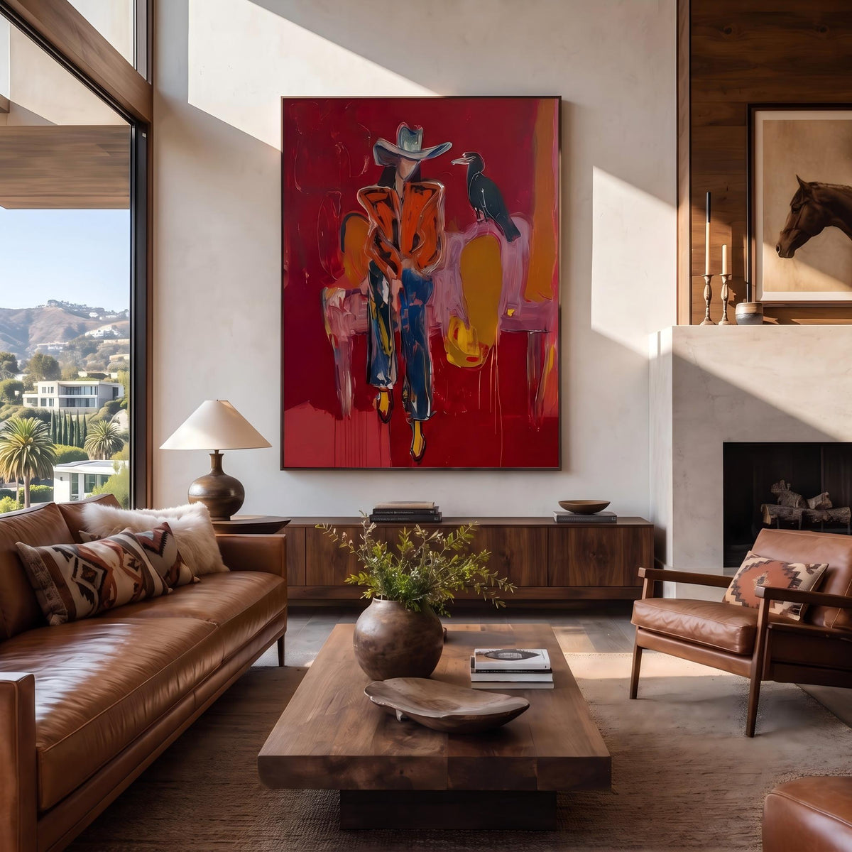 "Crow Cowgirl" - Modern Heavy Impasto Western Animal Artwork | Golden & Pink Palette Knife Painting | Luxury Vertical Wall Art #PT 2642