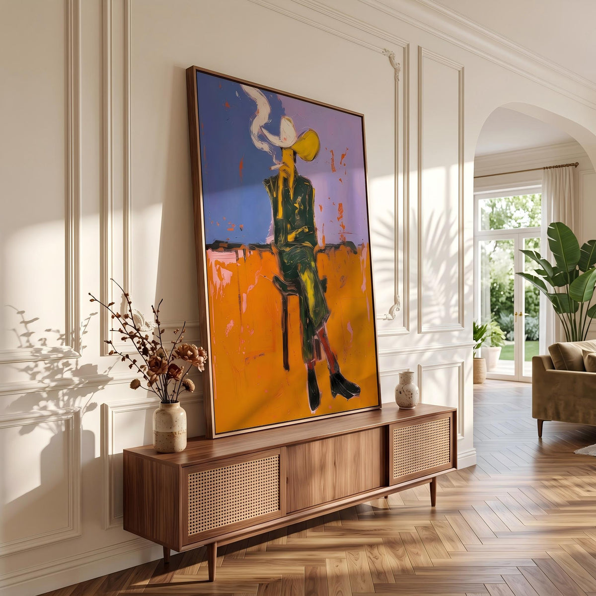 "Cigarettes Western Cowboy" - Modern Heavy Impasto Western Animal Artwork | Orange Palette Knife Painting | Luxury Vertical Wall Art #PT 2646