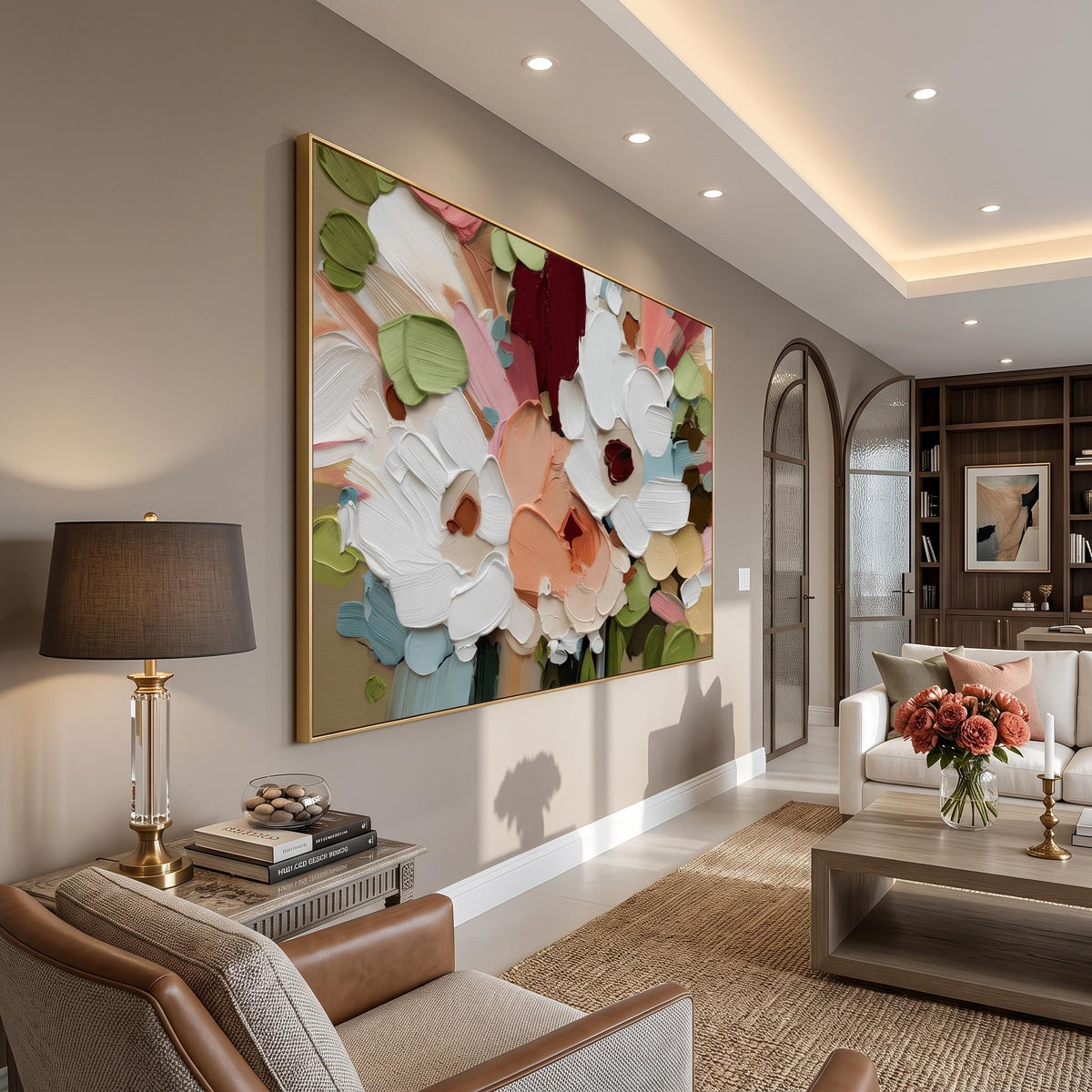 "Colorful Textured Floral Wall" - Modern Heavy Impasto Floral Abstract | White Palette Knife Painting | Luxury Horizontal Wall Art #PT 2606