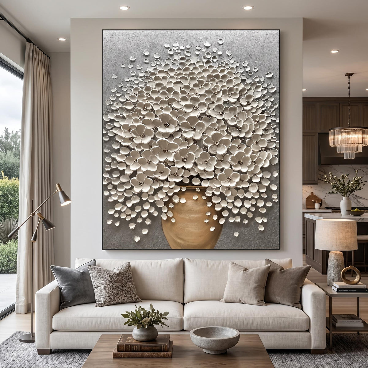 "Luxury 3D Blossom Wall" - Modern Heavy Impasto Floral Abstract | 3D Grey Palette Knife Painting | Luxury Vertical Wall Art #PT 2616
