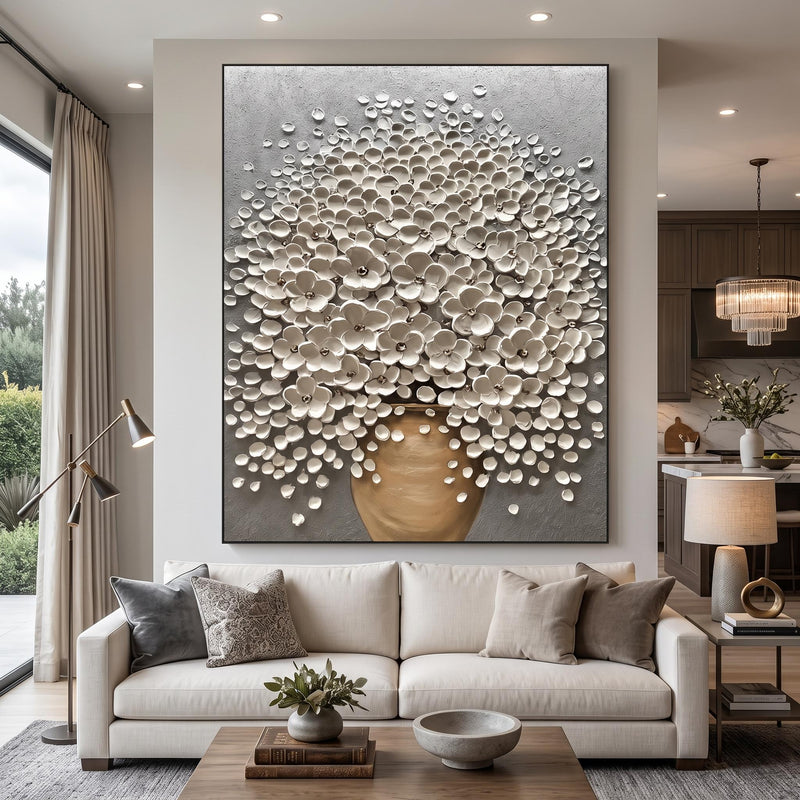 "Luxury 3D Blossom Wall" - Modern Heavy Impasto Floral Abstract | 3D Grey Palette Knife Painting | Luxury Vertical Wall Art #PT 2616