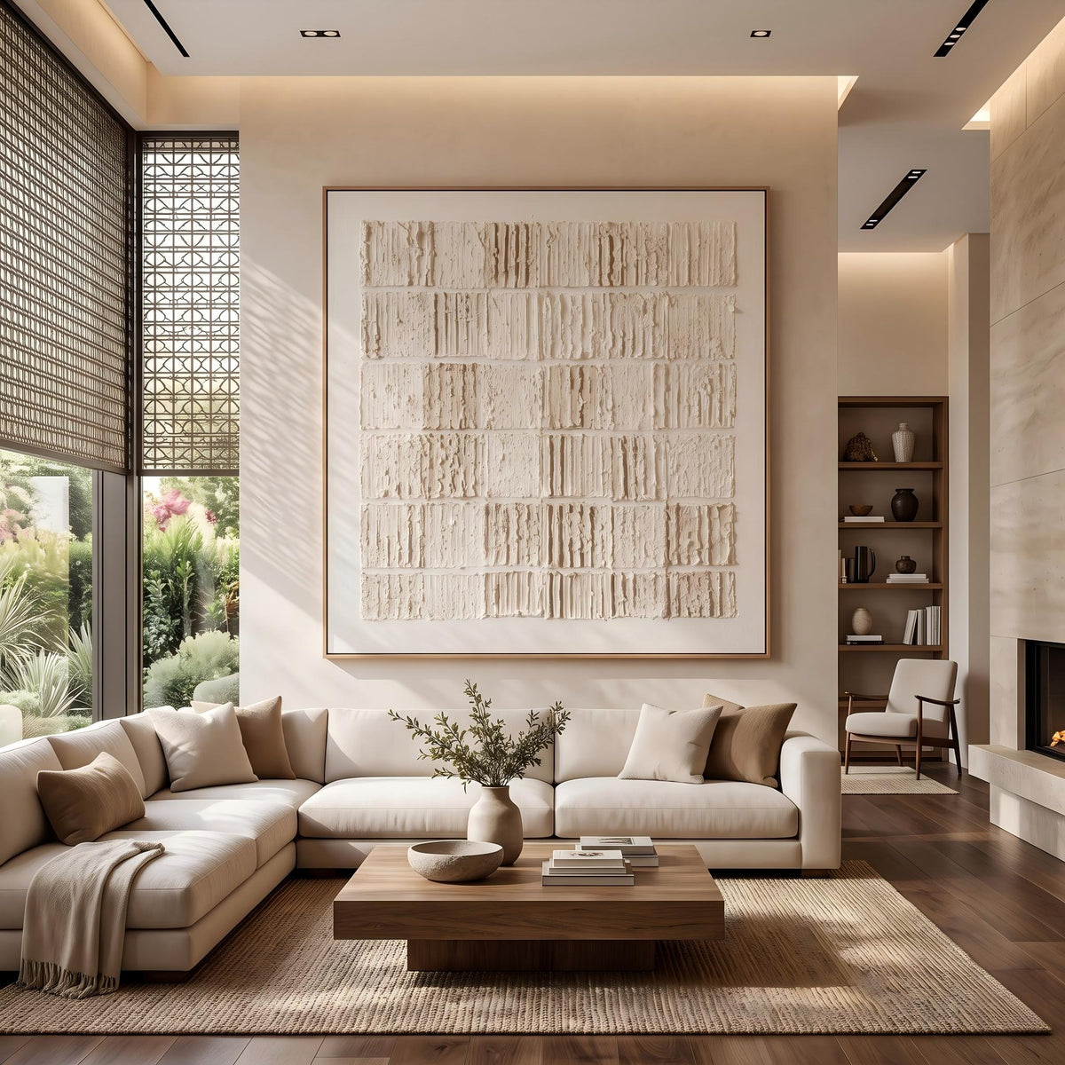 "Cream Block Relief Abstract" - Modern Heavy Impasto Abstract Artwork | White Palette Knife Painting | Luxury Square Wall Art #PT 2623