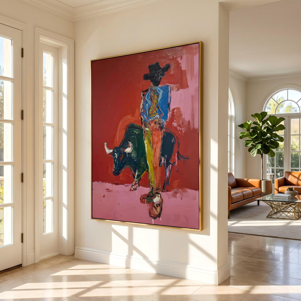 "Bullfighting Western Cowboy" - Modern Heavy Impasto Western Animal Artwork | Pink Palette Knife Painting | Luxury Vertical Wall Art #PT 2648