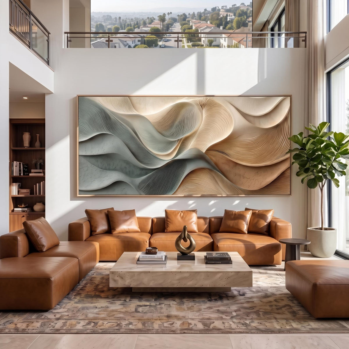 "Dusty Blue Beige Heavy‑Texture Wave" - Modern Heavy Impasto Ocean Wave Seascape | Beige Palette Knife Painting | Luxury Horizontal Wall Art #PT 2599