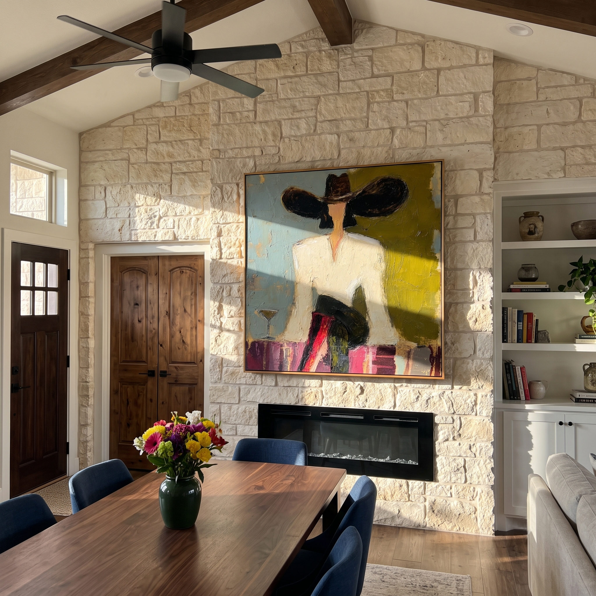 "Lounge Cowgirl With Martini" – Modern Heavy Impasto Retro Western Figurative | 3D Moss Olive & Dusty Teal Palette Knife Painting | Luxury Square Wall Art #AB 525