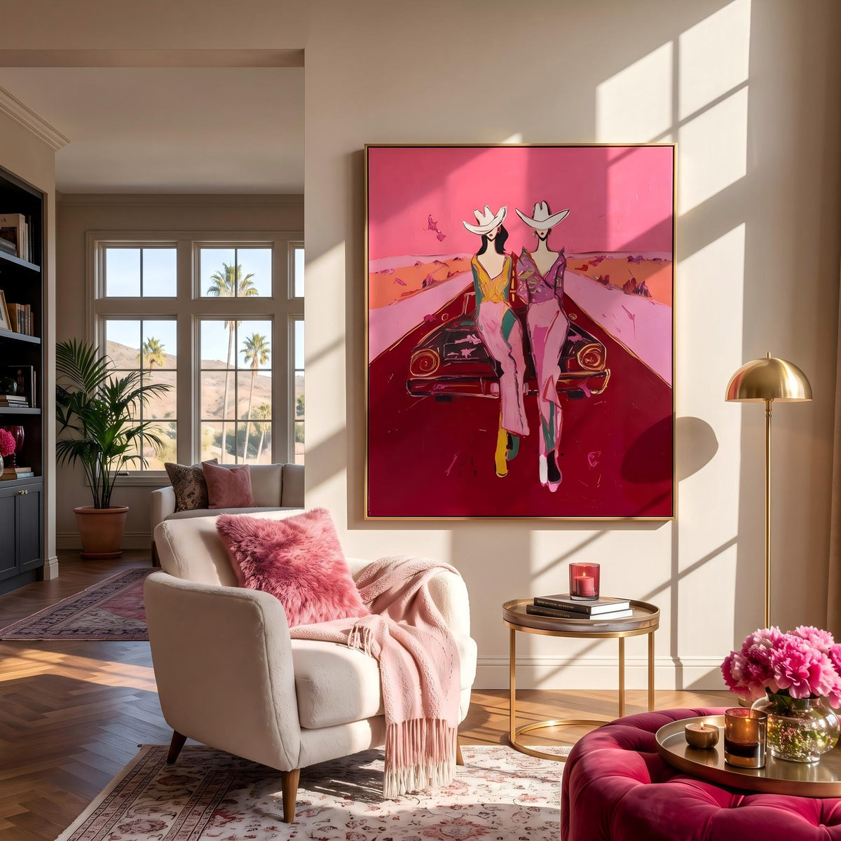 "Cowgirls on the Road" - Modern Heavy Impasto Abstract Artwork | Pink Palette Knife Painting | Luxury Vertical Wall Art #PT 2652