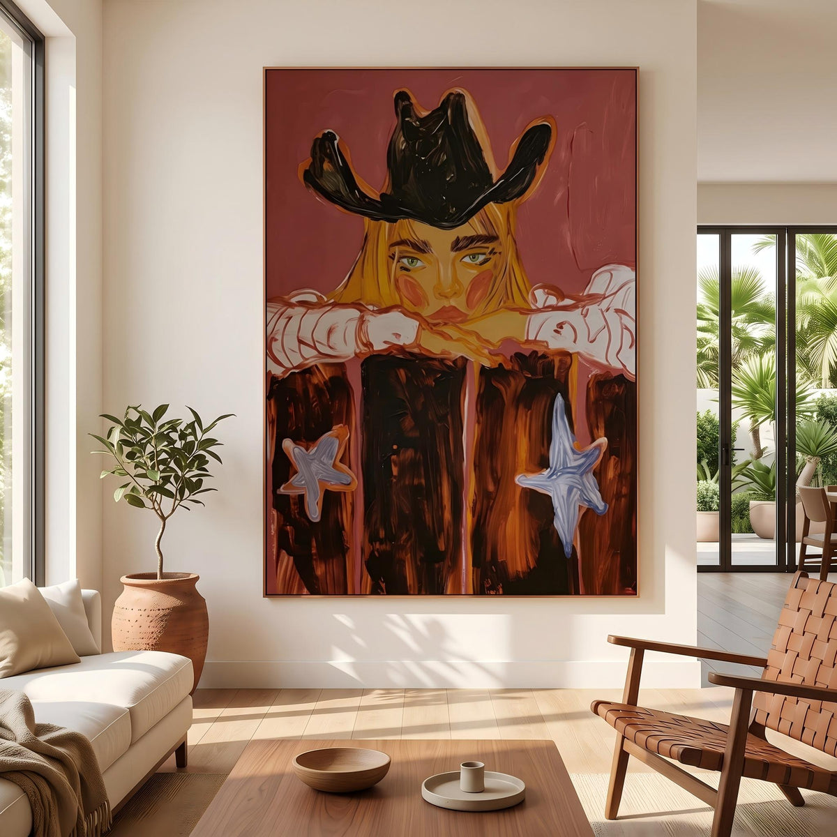 "Western Cowboy Girl" - Modern Heavy Impasto Western Animal Artwork | Orange Palette Knife Painting | Luxury Vertical Wall Art #PT 2647