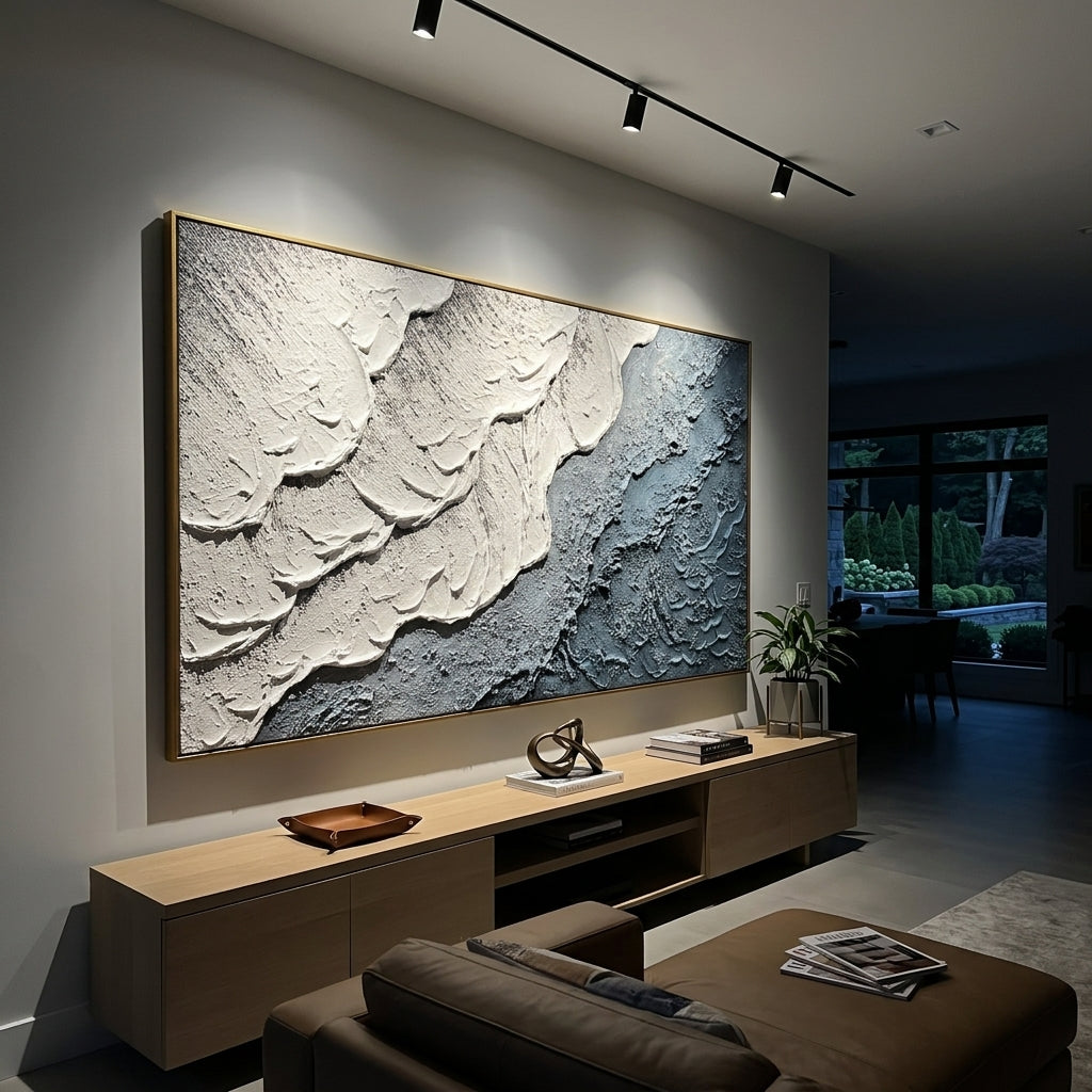 "Azure Modern Construct" is a 100% hand-painted geometric abstract created with professional oil and acrylic paints on high-quality canvas. Its blue & white palette and visible textured strokes give every piece authentic handmade variation and tactile depth.