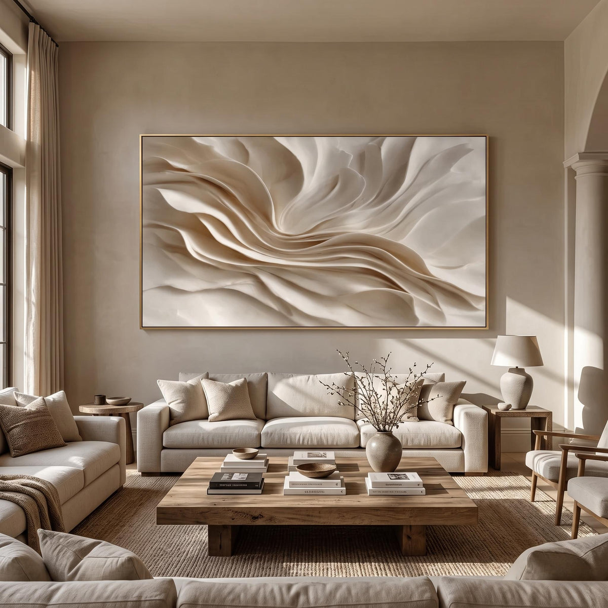 "Earthy‑Tone Soft Fold Abstract Wall" - Modern Heavy Impasto Abstract Artwork | Beige Palette Knife Painting | Luxury Horizontal Wall Art #PT 2614
