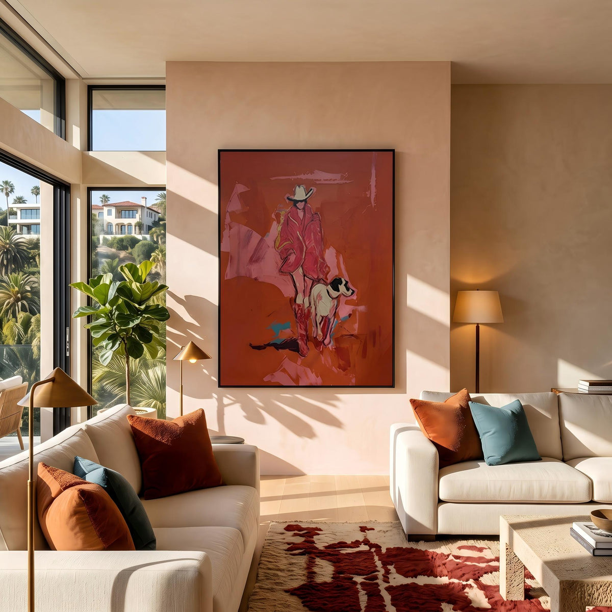 "Cowgirl and Dog" - Modern Heavy Impasto Dog Portrait Artwork | Pink Palette Knife Painting | Luxury Vertical Wall Art #PT 2650