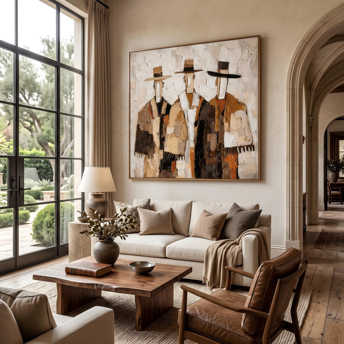 "Three Cowboys Impasto Wall" - Modern Heavy Impasto Abstract Artwork | Orange Palette Knife Painting | Luxury Square Wall Art #PT 2627