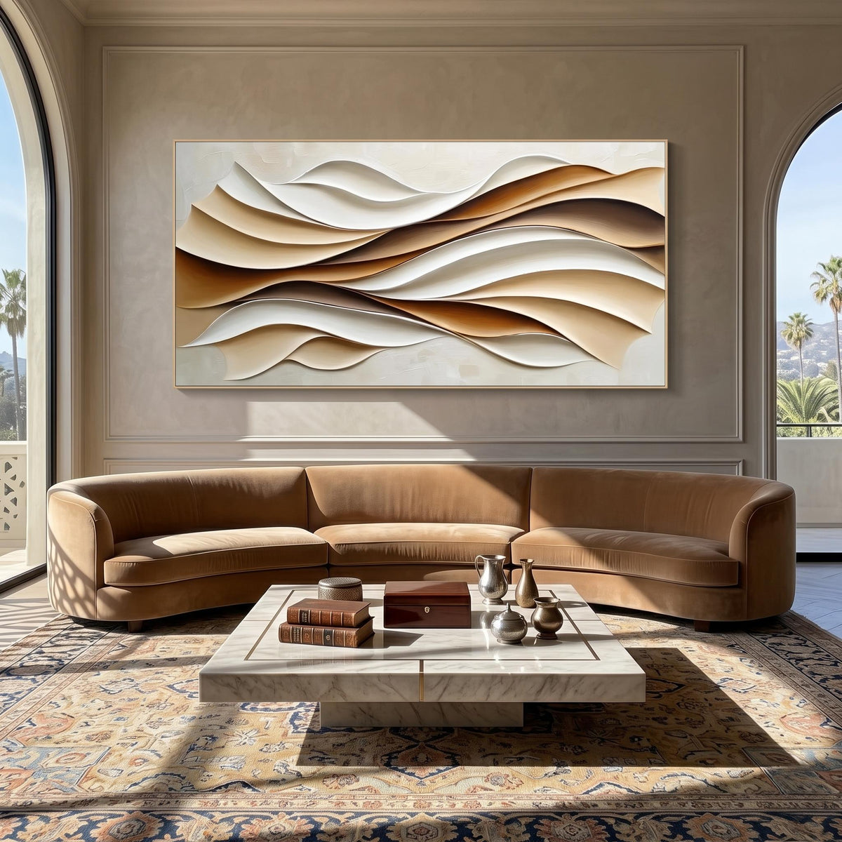 "Layered Wave" - Modern Heavy Impasto Ocean Wave Seascape | Beige Palette Knife Painting | Luxury Horizontal Wall Art #PT 2622