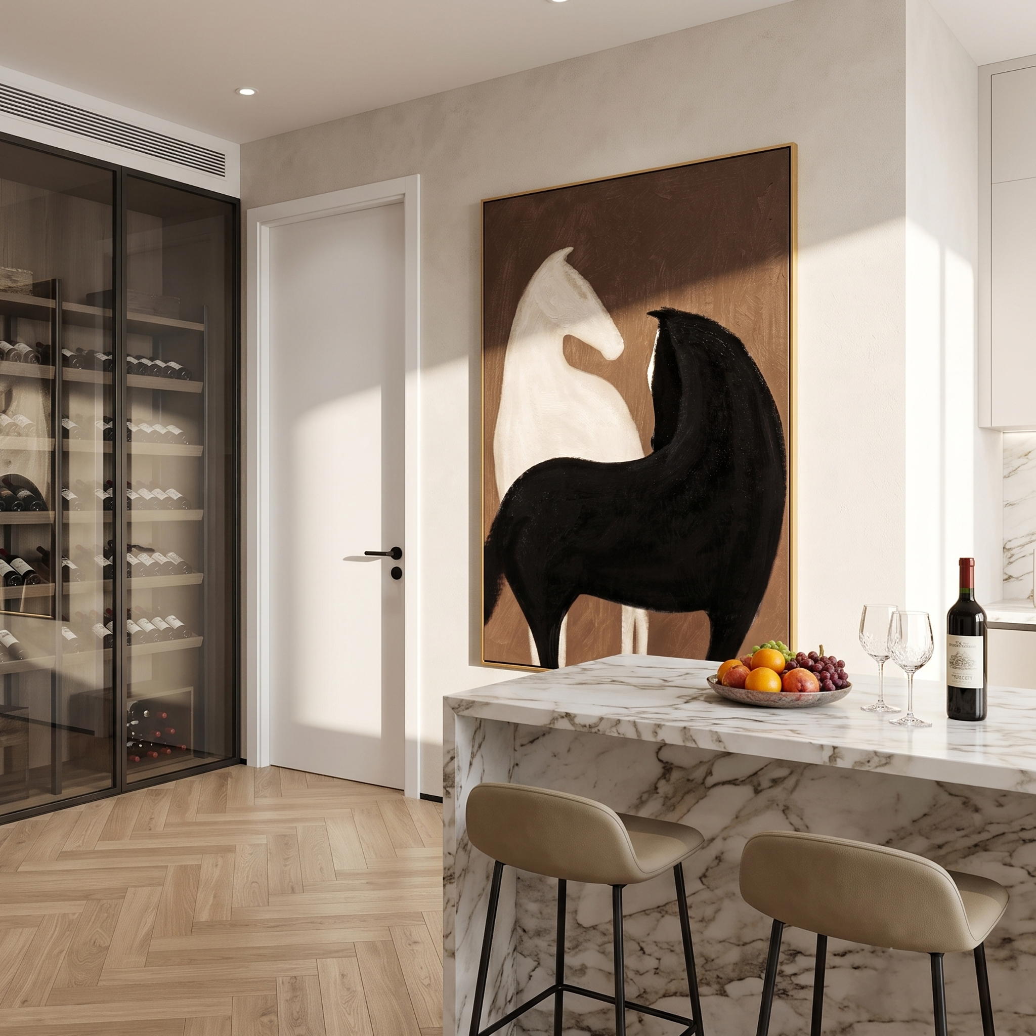 "Dual Yin-Yang Horses Embrace" – Modern Heavy Impasto Minimal Equine Figurative | 3D Cocoa Brown & Cream Ivory Palette Knife Painting | Luxury Vertical Wall Art #AB 527