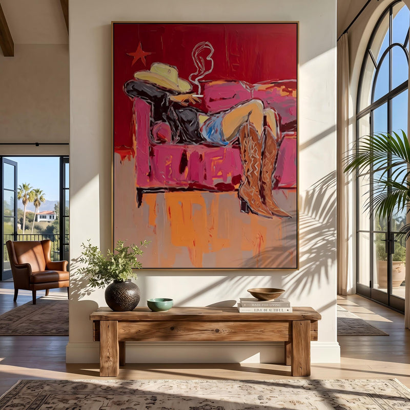 "Couch Western Cowgirl" - Modern Heavy Impasto Western Animal Artwork | Pink Palette Knife Painting | Luxury Vertical Wall Art #PT 2653