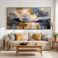 This 100% hand-painted abstract landscape uses heavy palette-knife texture to build a reflective lake, layered mountain forms, and luminous gold accents. The wide horizontal format creates a strong focal point for living rooms, dining spaces, villas, offices, and hospitality interiors.