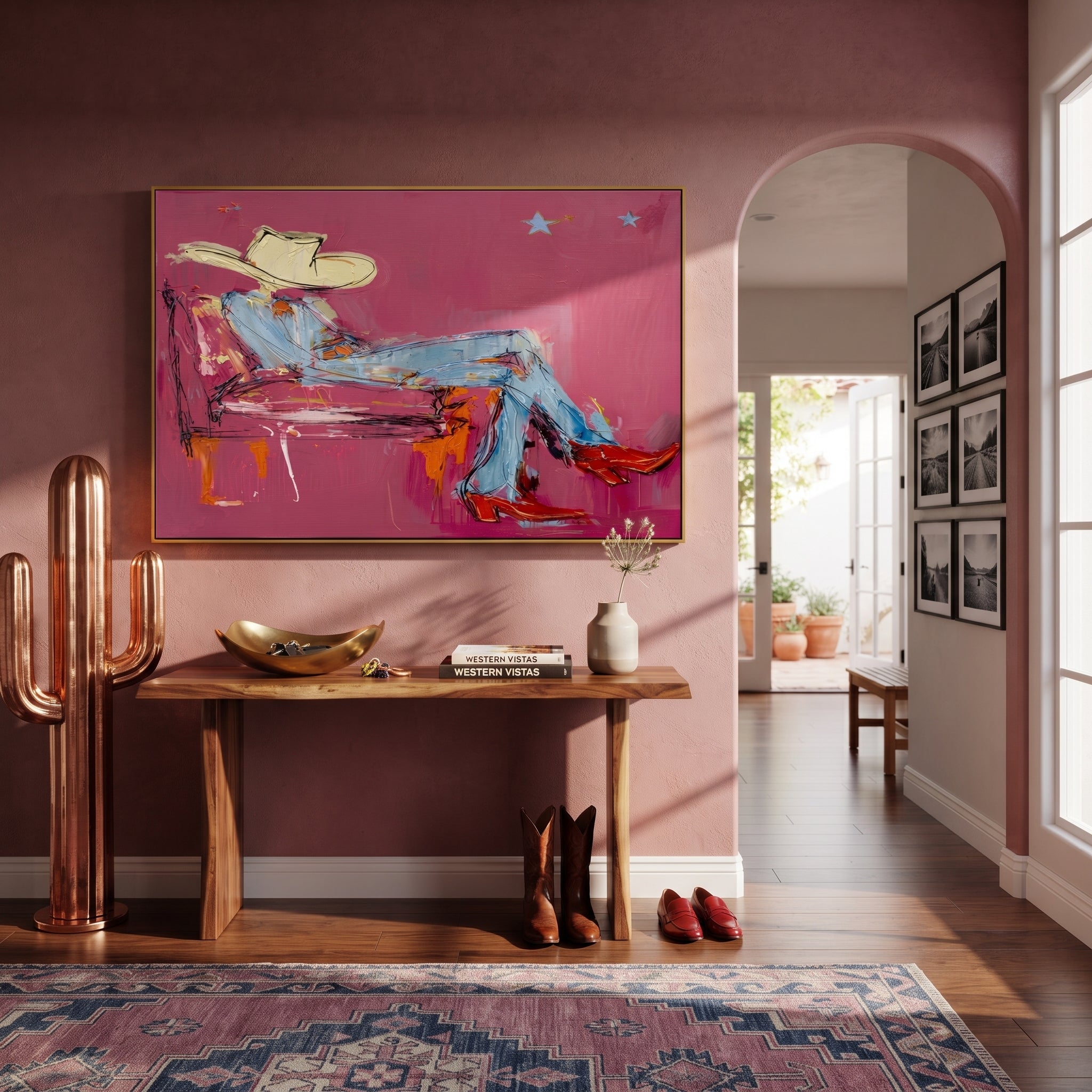 "Lounging Magenta Cowboy Sketch" – Modern Heavy Impasto Western Figurative Art | 3D Fuchsia & Denim Palette Knife Painting | Luxury Horizontal Wall Art #PT 640