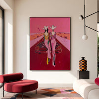 "Cowgirls on the Road" - Modern Heavy Impasto Abstract Artwork | Pink Palette Knife Painting | Luxury Vertical Wall Art #PT 2652