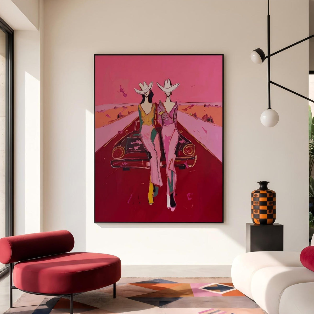 "Cowgirls on the Road" - Modern Heavy Impasto Abstract Artwork | Pink Palette Knife Painting | Luxury Vertical Wall Art #PT 2652