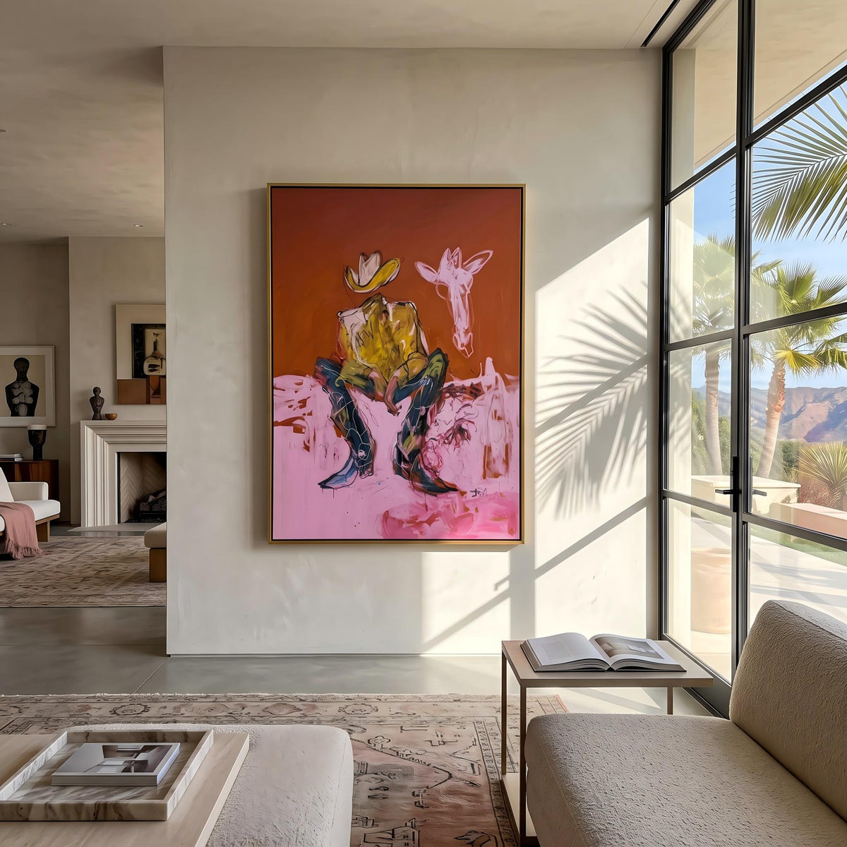 "Squatting faceless cowboy" - Modern Heavy Impasto Western Animal Artwork | Pink Palette Knife Painting | Luxury Vertical Wall Art #PT 2645