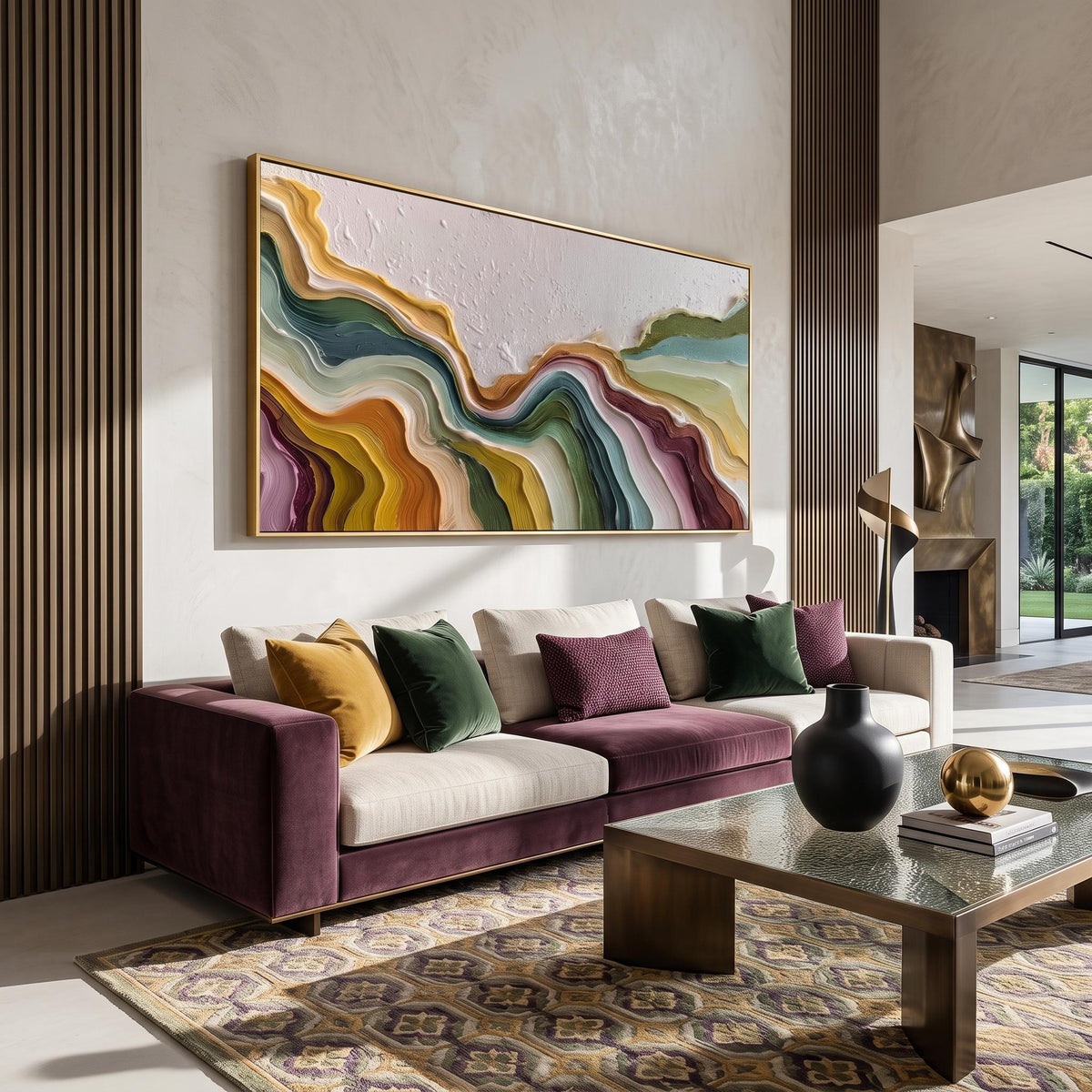 "Color Flowing Layer" - Modern Heavy Impasto Abstract Artwork | Beige Palette Knife Painting | Luxury Horizontal Wall Art #PT 2618