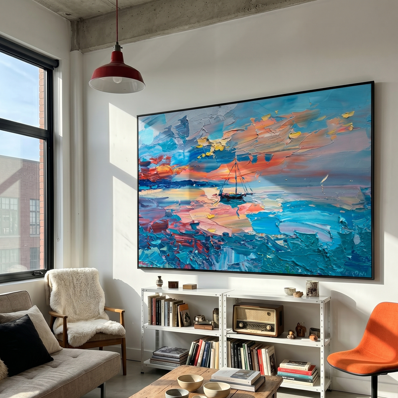 "Harbor Afterglow" - Modern Heavy Impasto Seascape | Turquoise Blue & Sunset Pink Sailboat Oil Painting | Luxury Horizontal Wall Art #PT 591