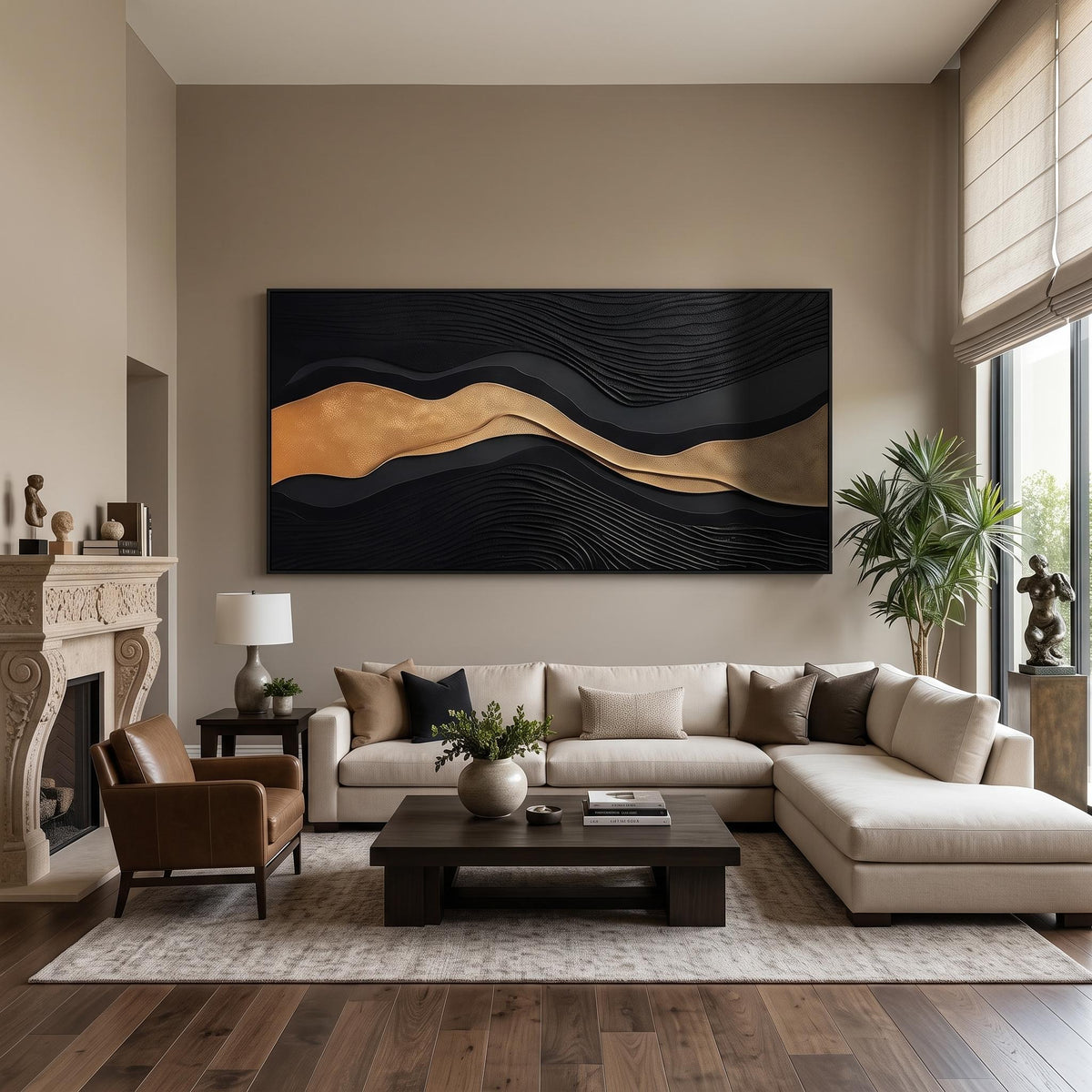 "Luxury Black‑Gold Layered Mountain" - Modern Heavy Impasto Landscape Artwork | Beige Palette Knife Painting | Luxury Horizontal Wall Art #PT 2612