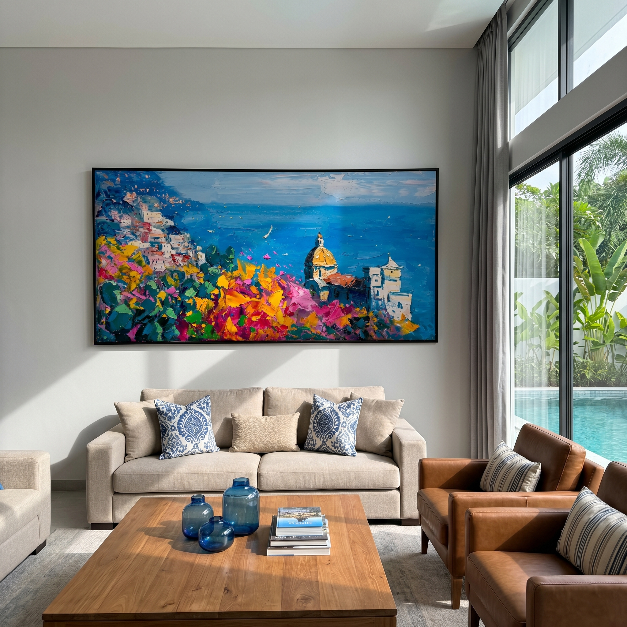 "Mediterranean Cliffside Floral Village" - Modern Heavy Impasto Coastal Landscape | 3D Azure Ocean & Fuchsia Floral Palette Knife Painting | Luxury Horizontal Wall Art #PT 581